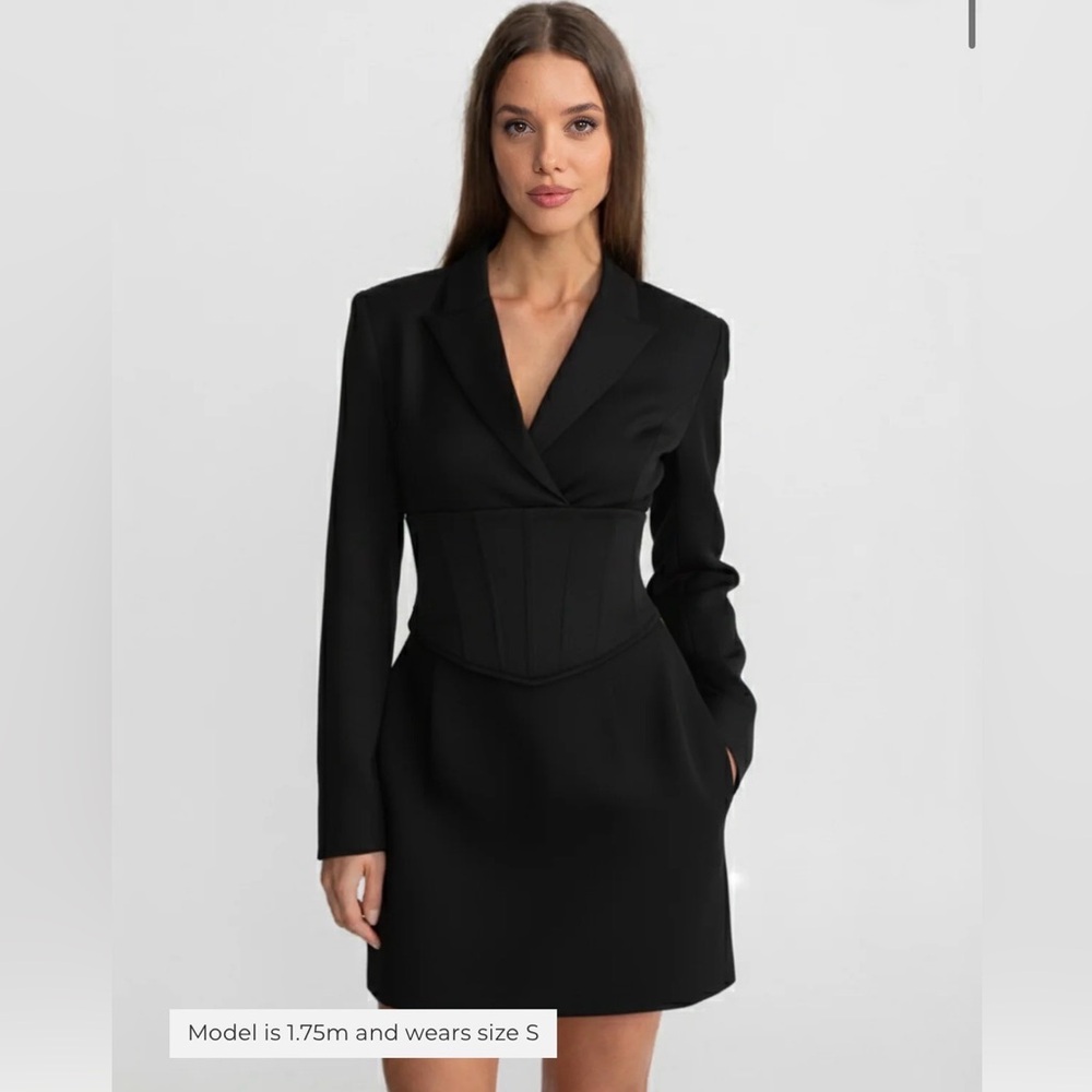 Black Long-Sleeve Blazer Dress with Corset Waist